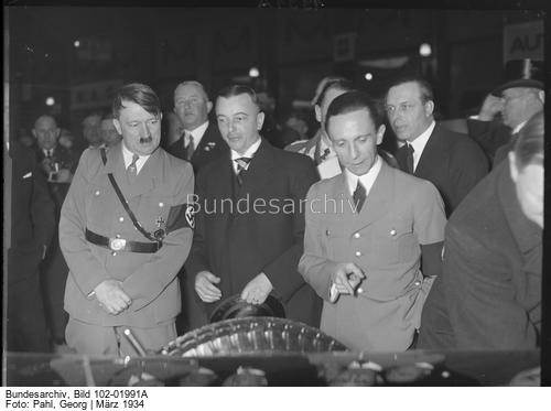 Adolf Hitler, Josef Goebbels, and Wilhelm Kissel at the Berlin auto show